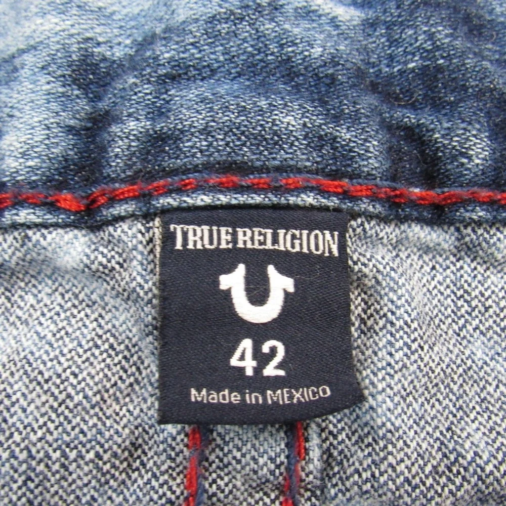 True Religion Jeans Men 42 Blue Ricky W Flap Super T Thick Red Stitch Indigo Fog